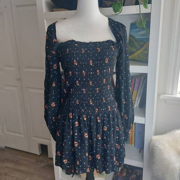Free People Two Faces Print Mini Dress Smocked Bodice Size Small - Picture 4 of 9